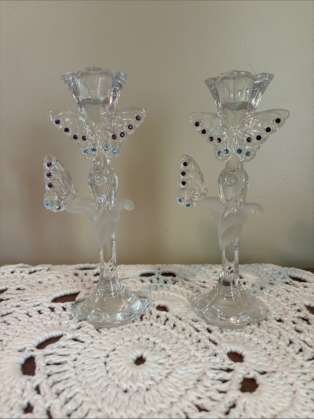 LENOX SET OF 2 CRYSTAL AND JEWELED FULL SIZE BUTTERFLY CANDLESTICKS